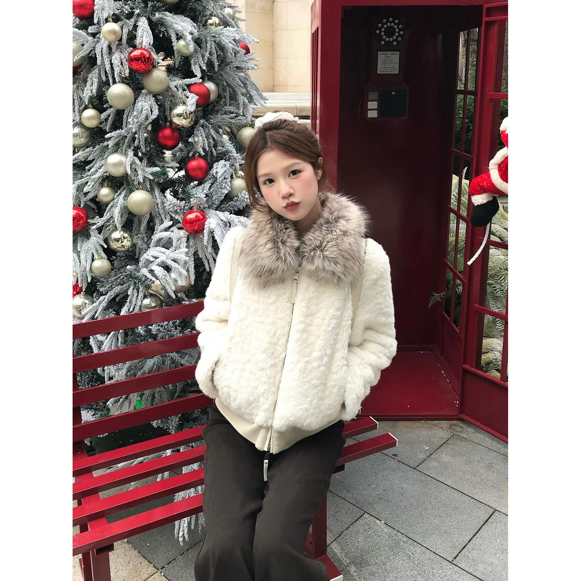 韩系大毛领白色羊羔毛外套女秋冬小个子短款加厚环保皮草毛毛上衣