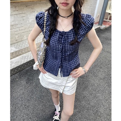 韩系甜辣妹复古褶皱带短袖