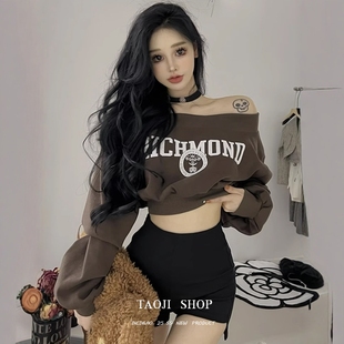 新款 美式 卫衣2026春秋季 长袖 小众字母印花套头上衣 辣妹一字肩短款