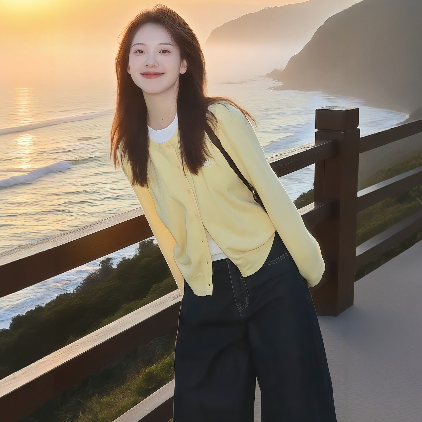 黄色假两件针织衫毛衣女款