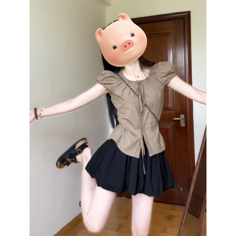 法式复古褶皱系带短袖衬衫