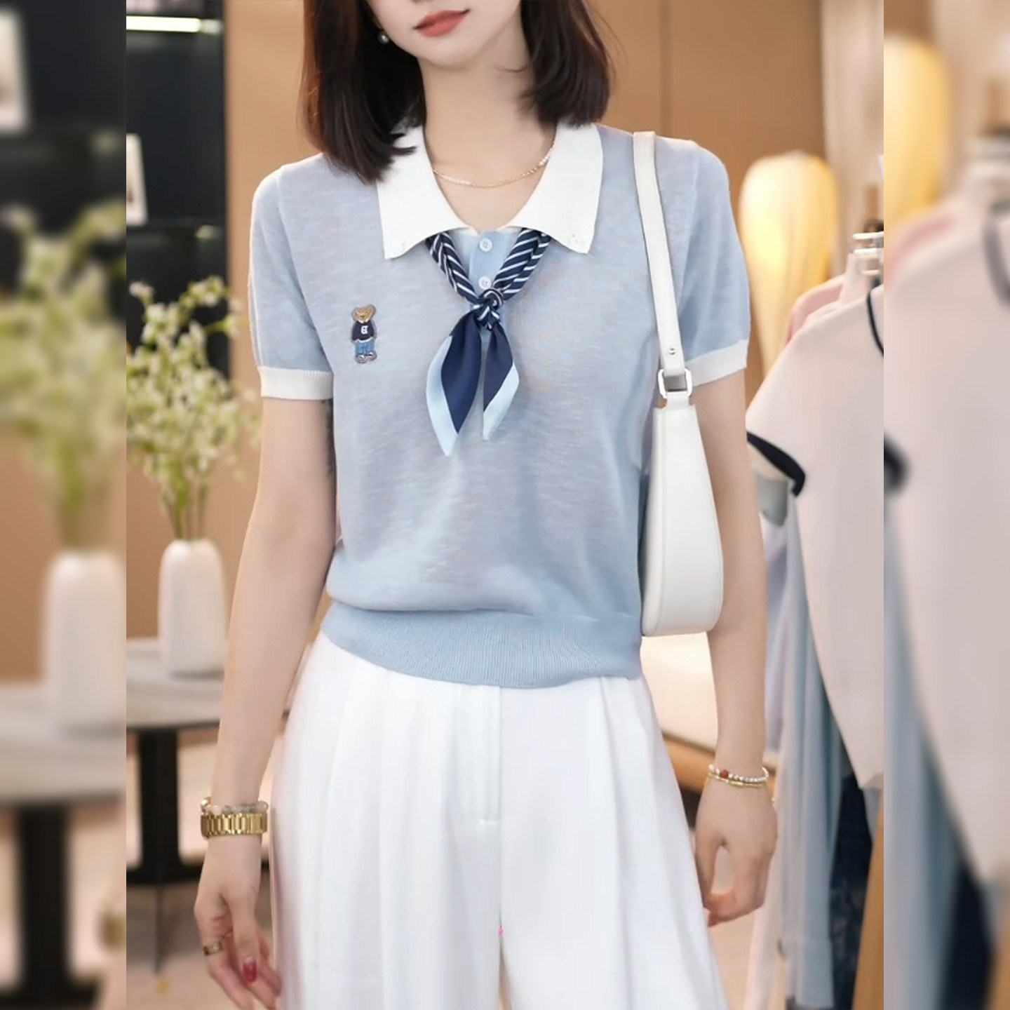 蓝色翻领刺绣针织短袖t恤女2026年夏季新款韩系百搭减龄显瘦上衣
