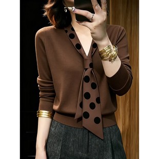 咖色波点飘带领针织衫女士2025秋冬新款高级感修身显瘦打底衫上衣