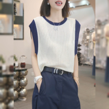 撞色冰丝镂空针织短袖t恤女夏季2025新款小飞袖坎肩百搭显瘦上衣