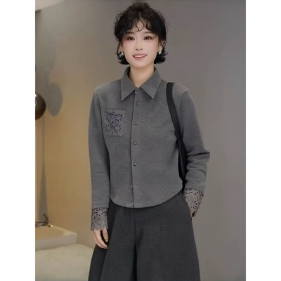 韩系复古蕾丝拼接翻领长袖衬衫女秋冬轻奢高级感磨毛内搭打底上衣