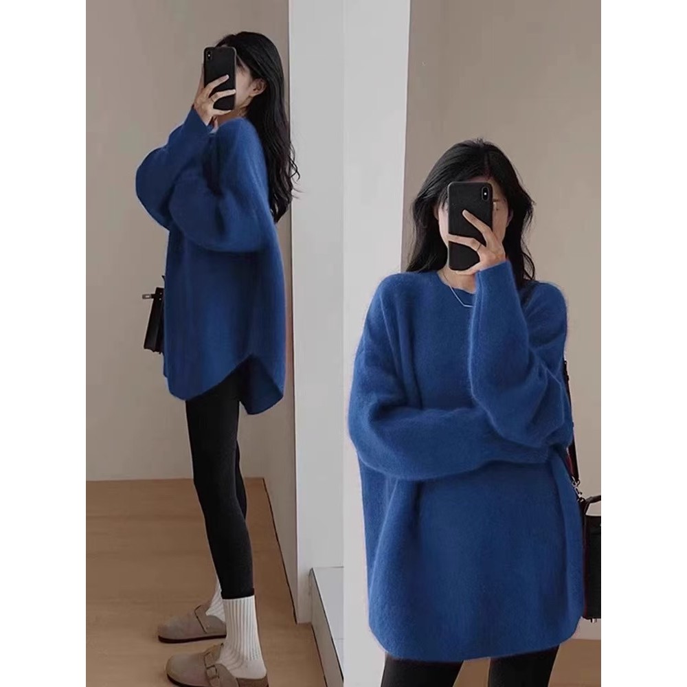 克莱因蓝色中长款针织衫女秋冬慵懒风遮屁股下装消失毛衣宽松上衣