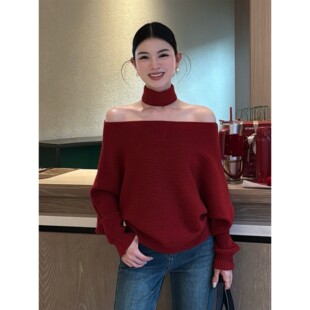 高级感红色一字肩挂脖针织打底衫女秋冬宽松显瘦毛衣内搭锁骨上衣
