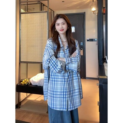韩系慵懒蓝格宽松防晒长袖衬衫女