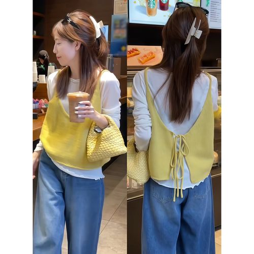 后绑带针织吊马甲叠穿圆领