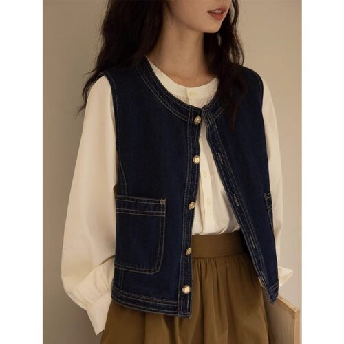 日系复古蓝色牛仔马甲女春