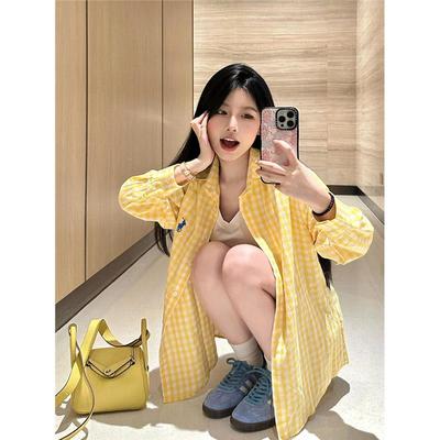 黄色慵懒风长袖格子衬衫显