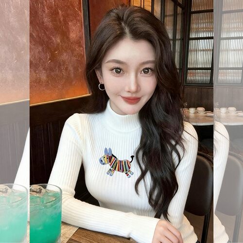 彩虹马刺绣白色针织衫半高