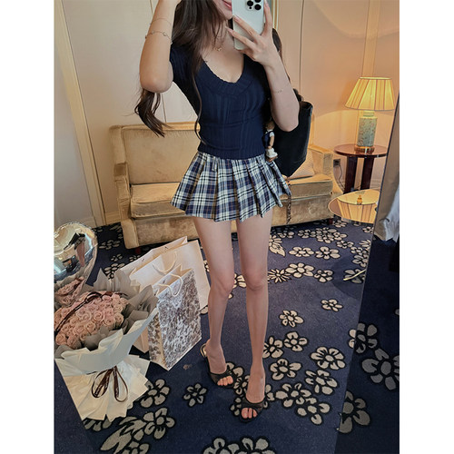 IN MIMIFACE 学院风格子百褶裙复古短裙裤A字裙含内衬防走光半裙