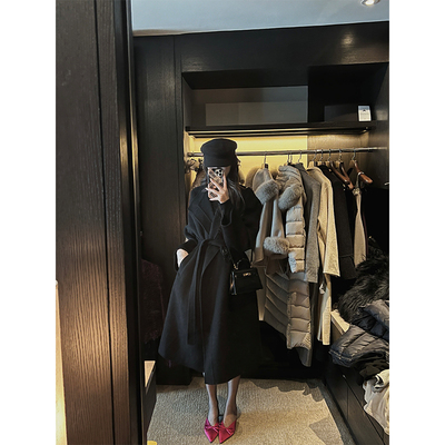 IN MIMIFACE 大翻领双面呢质感绵羊毛大衣收腰系带中长款毛呢外套