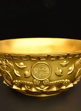 黄铜莲花底聚宝盆摆件金碗存钱罐家居玄关办公室装饰乔迁开业