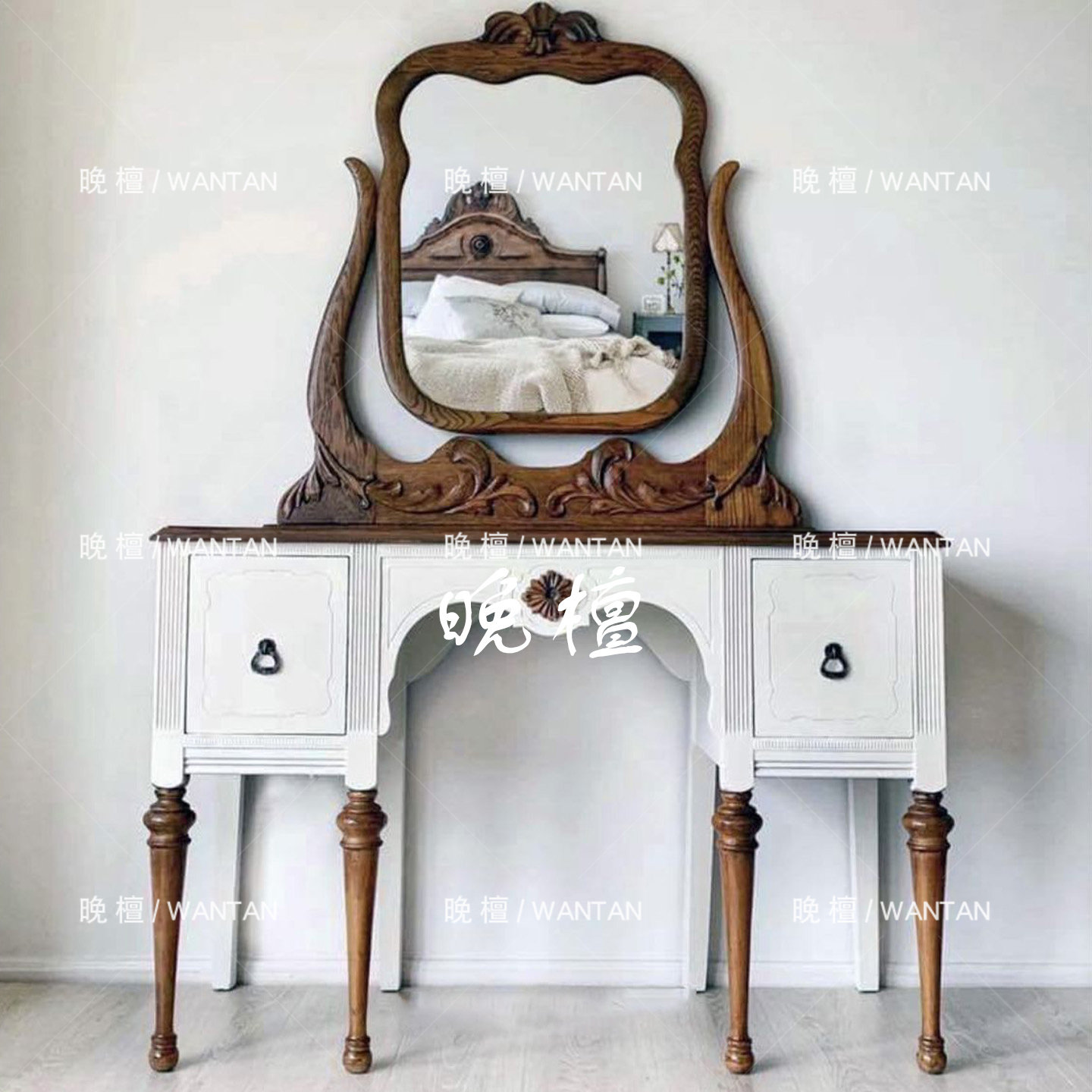 晚檀 法式复古风雕花实木梳妆台 带妆镜白色化妆桌 多功能储物柜