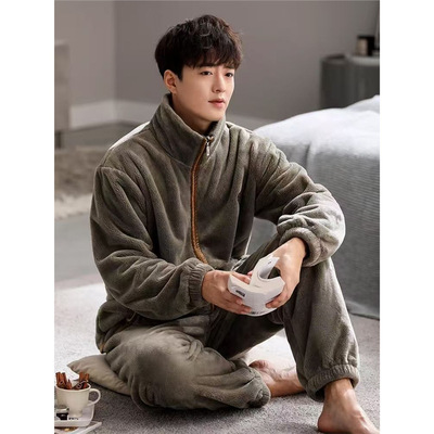 2025年男士睡衣秋冬款冬季法兰绒加绒加厚款保暖珊瑚绒家居服套装