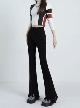 黑色微喇叭牛仔裤女2025年春季新款女装高腰显瘦毛边流苏马蹄裤子