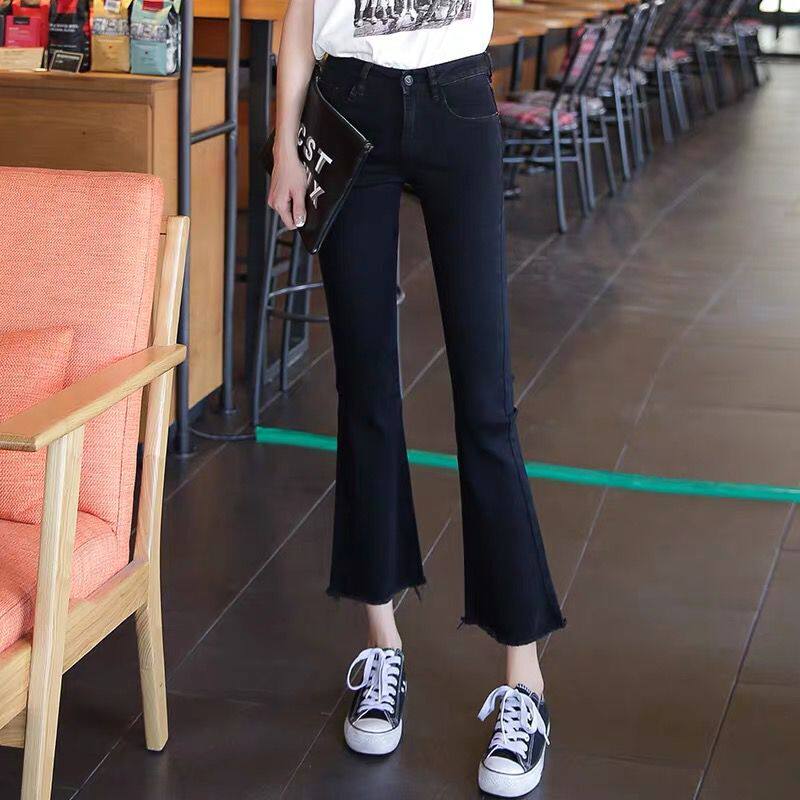 黑色微喇牛仔裤女2025夏季高腰八分韩版显瘦直筒毛边九分喇叭裤子