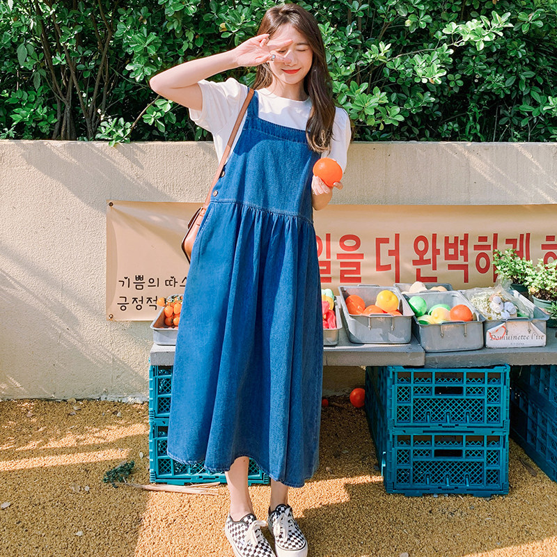 盐甜系穿搭牛仔背带连衣裙女夏季新款韩版休闲显瘦减龄学院风长裙,女装连衣裙,两个王小姐