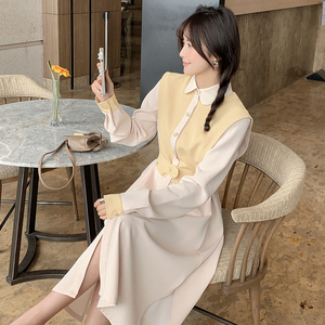 2022春季新款 杏仁奶油拼接假两件连衣裙 C139P95K149图片