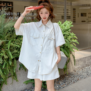 休闲白色衬衫短裤套装女夏2025新款小个子两件套又酷又飒穿搭爆款图片