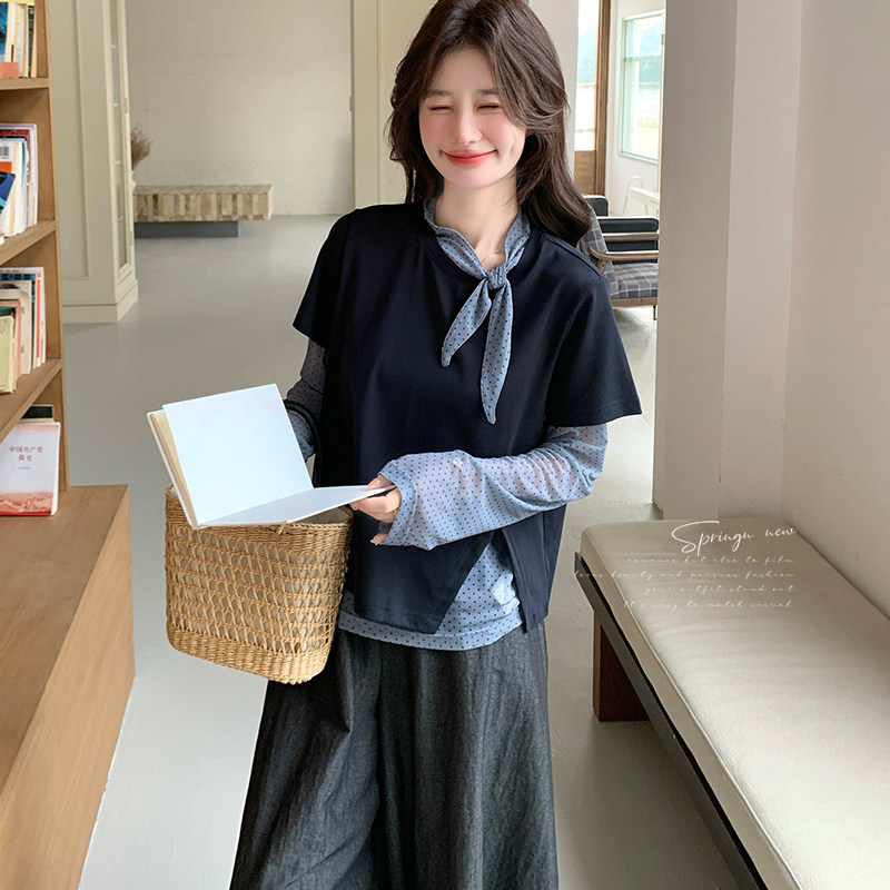 新款！现货！网纱波点T恤两件套配套裤子有售C271P100K168,女装T恤,两个王小姐