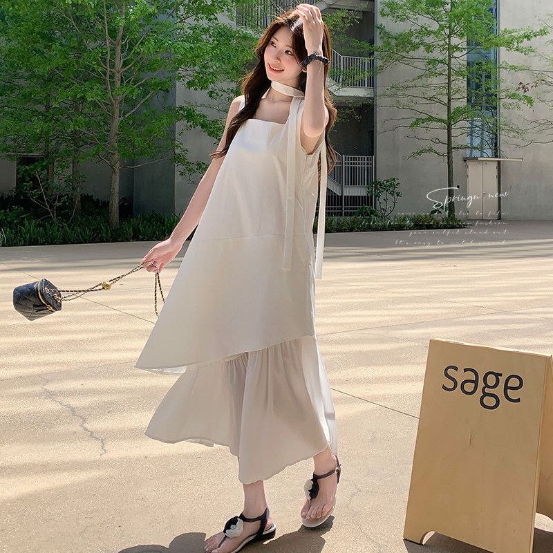 长裙法式中长裙吊带夏季连衣裙裙子褶皱小众设计感显瘦气质白色,女装连衣裙,两个王小姐