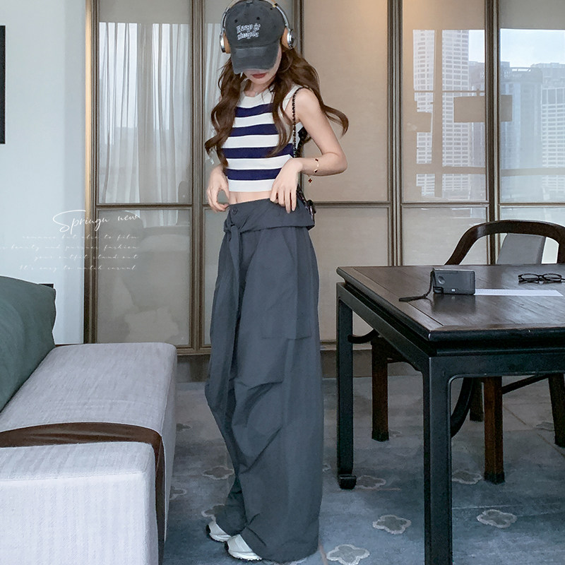 设计感美式辣妹绑带收腰阔腿休闲裤女2025春季新款宽松百搭长裤潮,女装休闲裤,两个王小姐