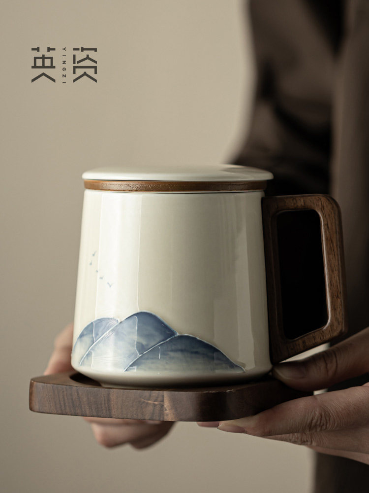 英资万象堆白泡茶杯陶瓷茶水分离杯子内胆过滤杯滤茶杯男高端水杯