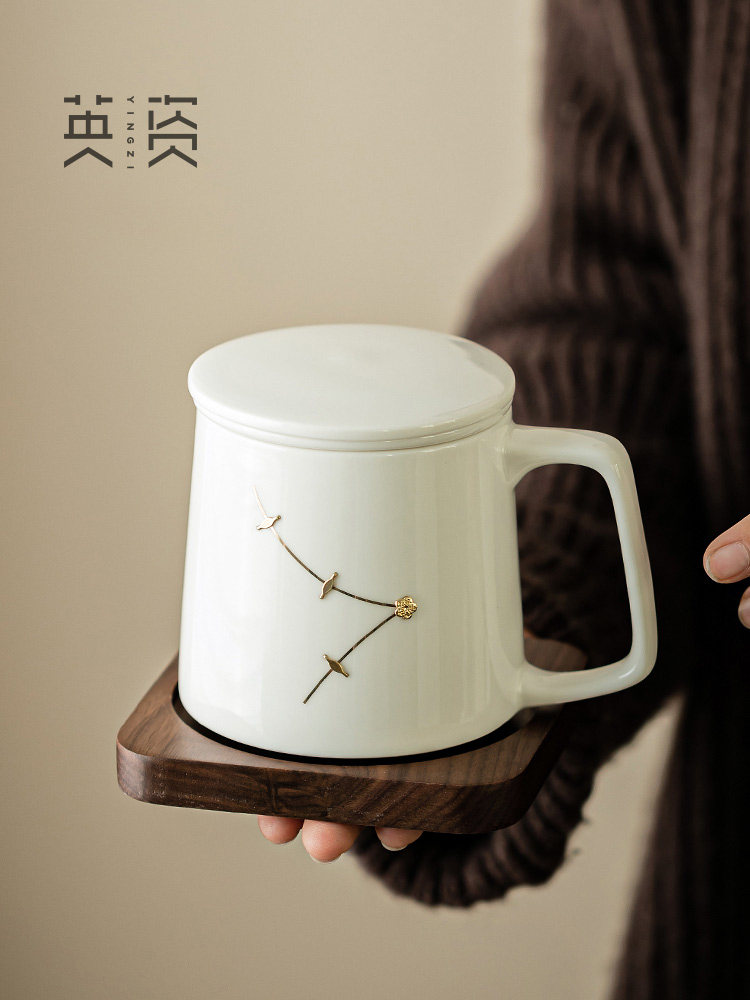 板脂玉瓷钢钉茶水分离陶瓷杯办公室个人高端过滤茶杯水杯长老领袖