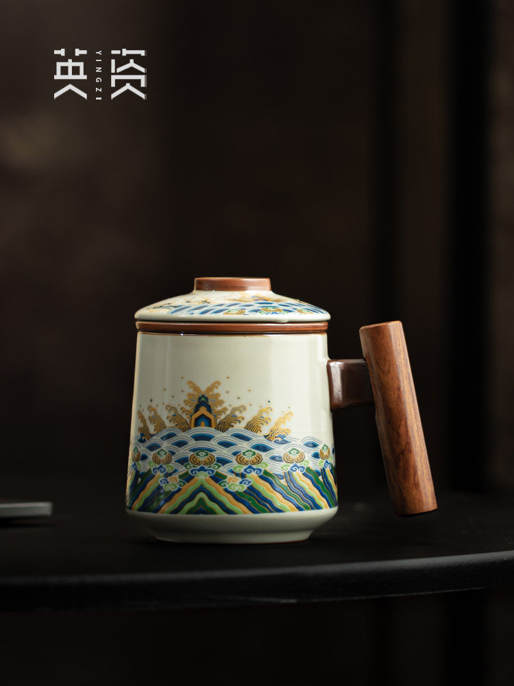搪瓷汝窑木茶杯茶水分离办公水杯带盖陶瓷过滤茶杯个人杯,餐饮具,茶杯,淘宝优惠券,粉丝福利购,淘宝优惠卷
