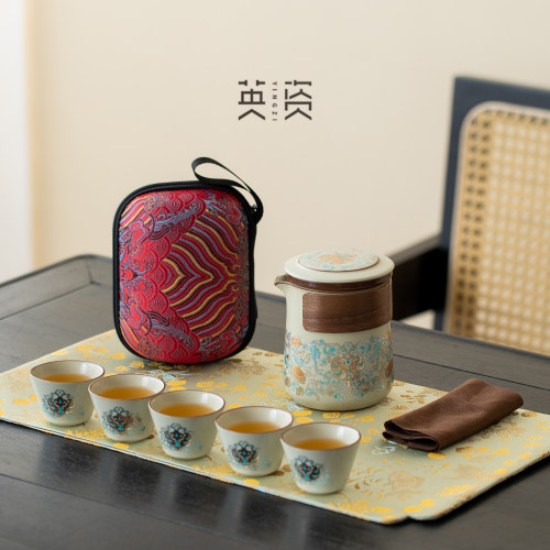 金银错汝窑旅行茶具套组可携式功夫茶具泡茶壶茶杯快客杯生日礼物
