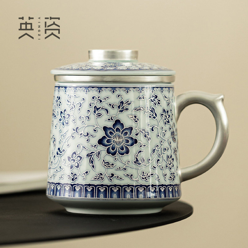 缠枝莲鎏银把泡茶杯陶瓷茶水分离杯子办公送长辈领导客户寿宴乔迁