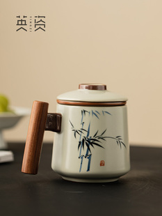 如窑手绘墨竹茶杯茶水分离陶瓷杯办公饮茶高端家用个人过滤茶杯