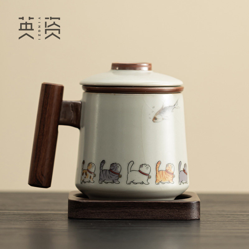 排队猫汝窑泡茶杯陶瓷过滤内胆茶杯办公茶水分离杯子个人茶具水杯