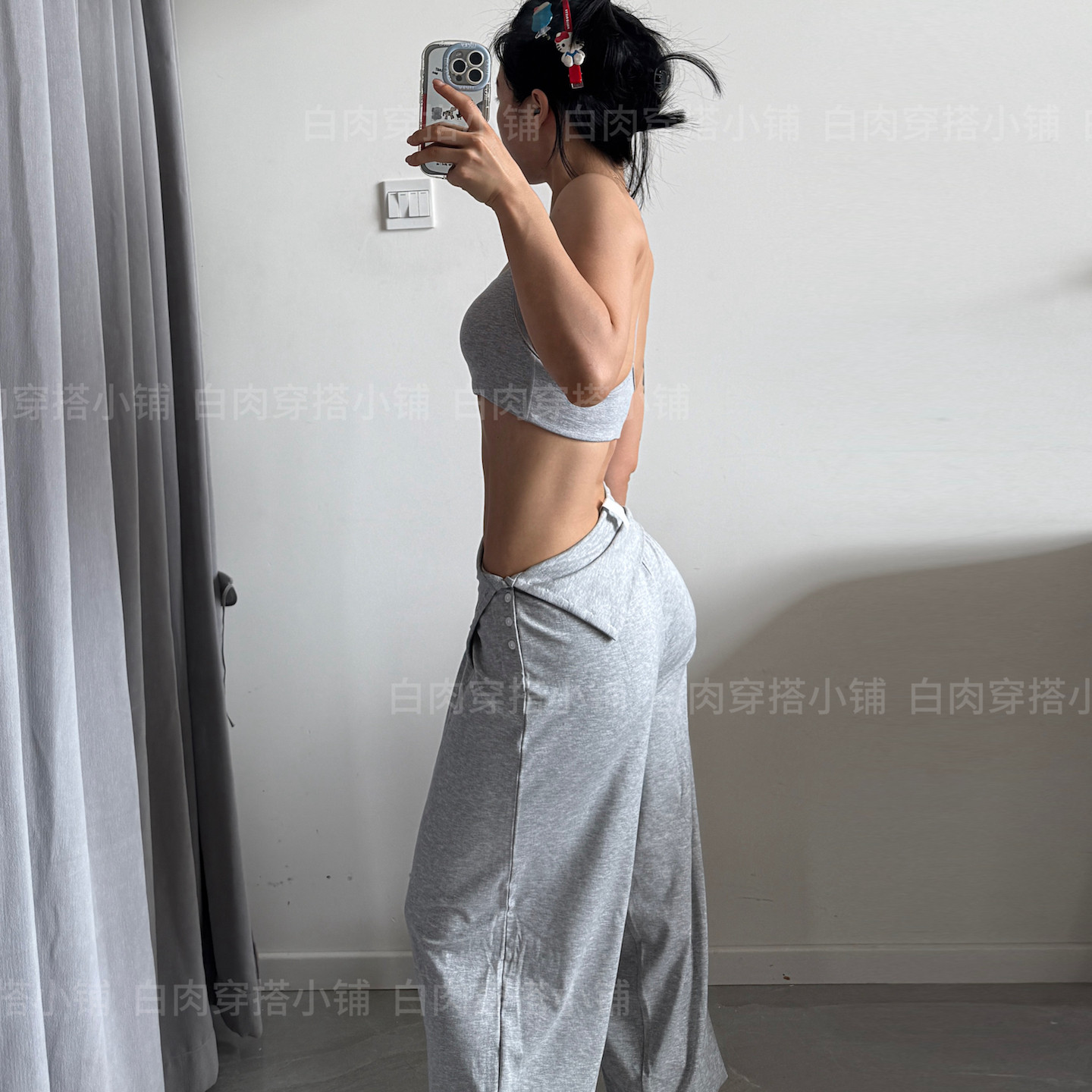 春夏瑜伽女长裤宽松翻折腰纽扣