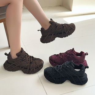 满钻增高休闲运动鞋 四季 女2026新款 巴家八爪水钻绑带厚底老爹鞋