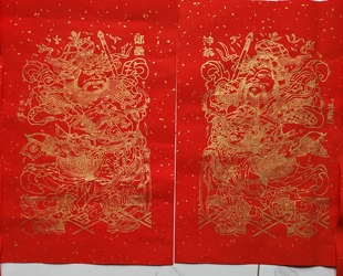 纯手工刻印朱仙镇木版年画金色红底年画神荼郁垒武门神