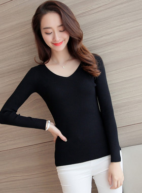 百搭针织打底衫女20226春秋新款v领黑色针织衫洋气显瘦长袖毛衣