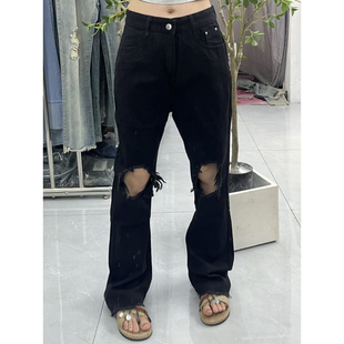 新款高街欧美vibe膝盖破洞直筒微喇牛仔裤男女黑色百搭嘻哈ins风