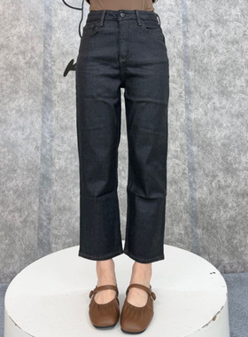 秋冬磨毛牛仔裤女高腰弹力小个子九分修身显瘦直筒法棍烟管裤子女