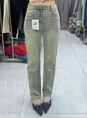 复古高街vibe直筒牛仔裤中性秋季新款高腰直筒显瘦泥黄色裤子ins