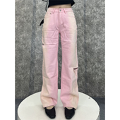 女街头潮牌设计感小众宽松直筒裤 粉色脏脏风撞色牛仔裤 破洞长裤 子