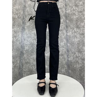 2024秋冬新款高街大码烟管牛仔裤女高腰修身显瘦百搭黑色小脚裤潮