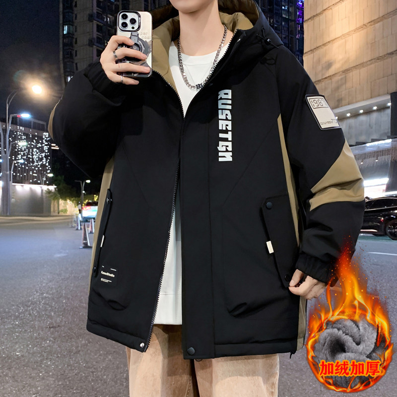 潮牌青少年秋冬季新款印花加绒潮流加厚帅气连帽夹克学生宽松外套