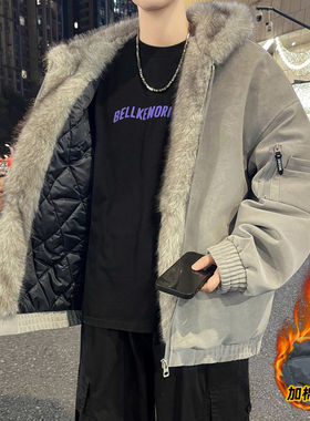 座山雕加绒外套男秋冬季加厚保暖复古夹克男美式重磅大毛领派克服