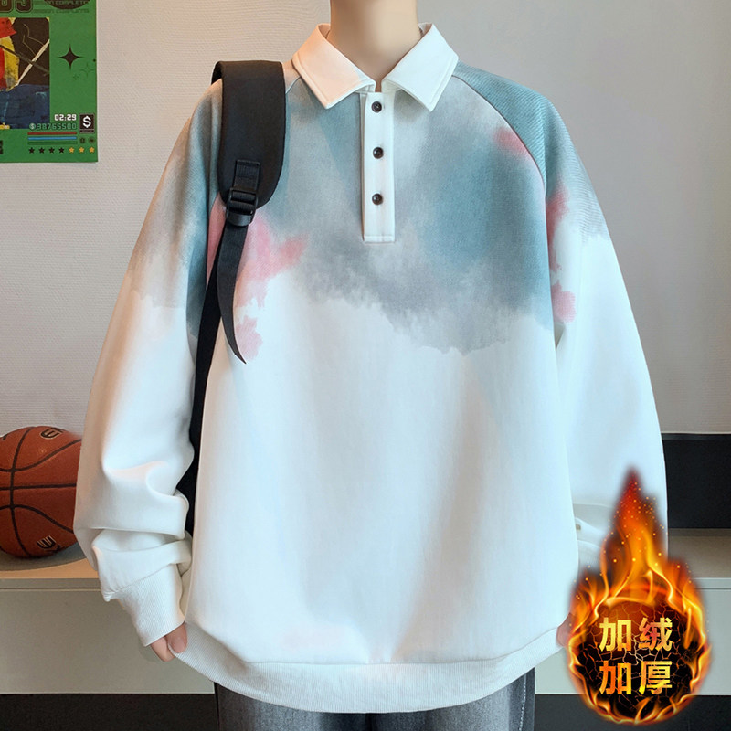 加绒加厚卫衣男冬季青少年潮牌翻领POLO衫初中高中学生内搭打底衫