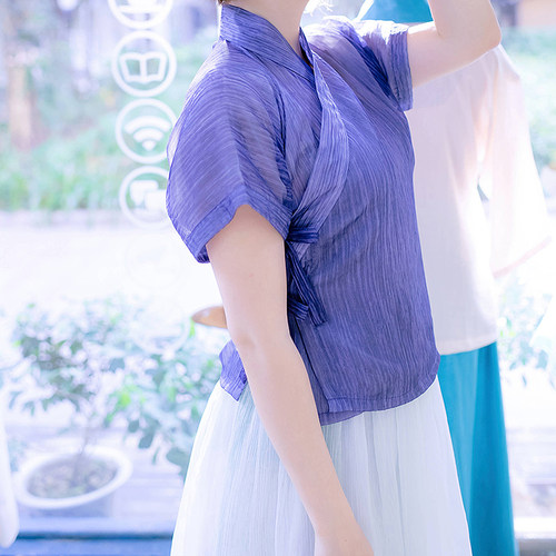 蓝紫色交领半臂双层单上衣汉服