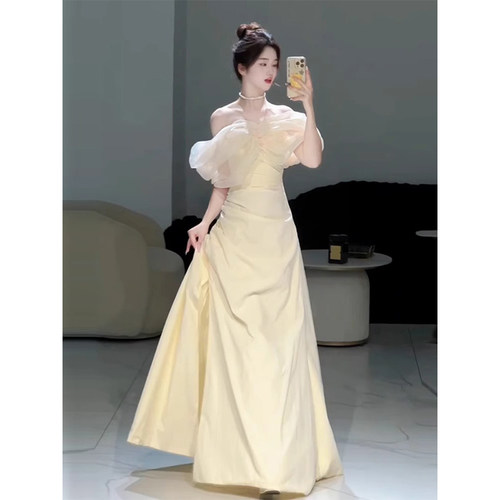 晚礼服女绝美一字肩高级感登记领证订婚礼服裙香槟色回门出阁轻纱